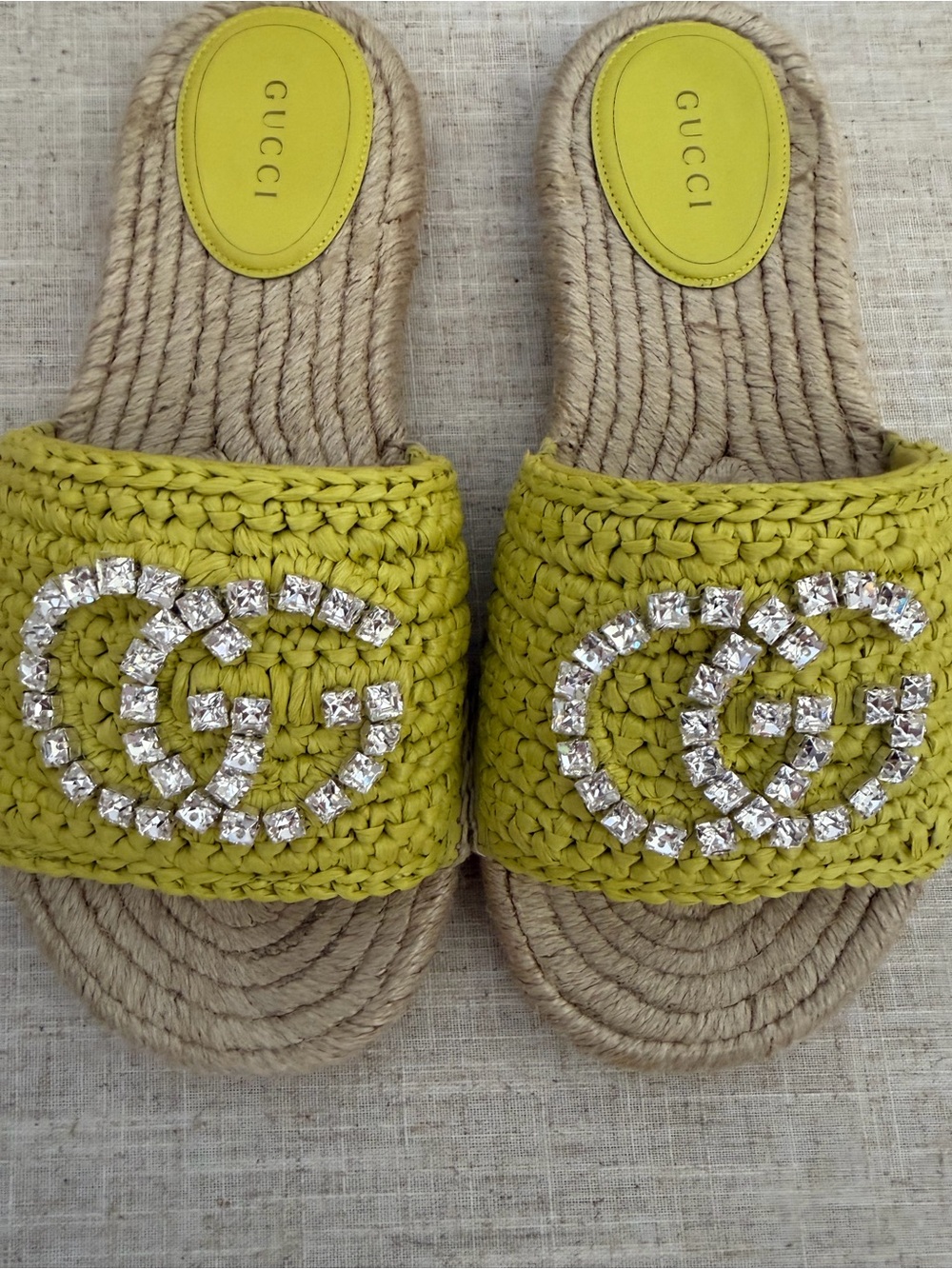 Gucci Lime Crochet Crystal GG Slide Sandals